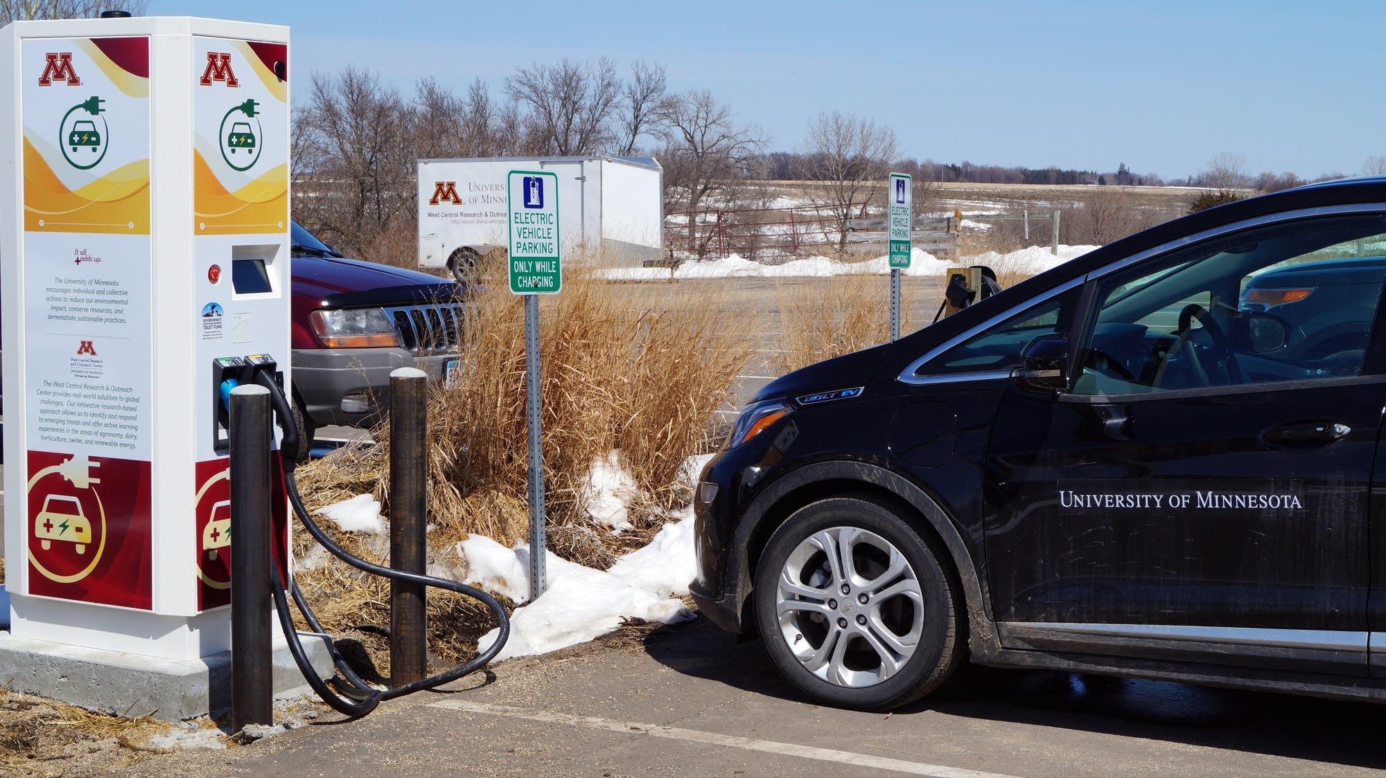 A new fast charger for electric vehicles at the University of Minnesota West Central Research and Outreach Center in Morris on Tuesday, April 17, 2018. The campus also has a Chevy Bolt, which it will use to for research visits to dairy farms and oth…